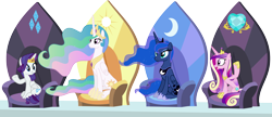 Size: 3020x1303 | Tagged: safe, artist:punzil504, princess cadance, princess celestia, princess luna, rarity, alicorn, pony, alicorn thrones, alternate universe, princess rarity, race swap, raricorn, simple background, transparent background, vector