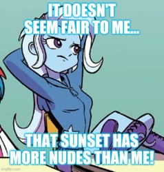 Size: 500x525 | Tagged: safe, derpibooru import, edit, idw, trixie, equestria girls, spoiler:comic, spoiler:comicequestriagirlsmarchradness, caption, cropped, image macro, meme, text, trixie yells at everything