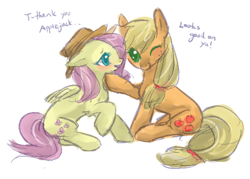 Size: 500x358 | Tagged: safe, artist:bato-riiche, artist:beato-riiche, applejack, fluttershy, earth pony, pegasus, pony, accessory swap, appleshy, blushing, cute, female, floppy ears, lesbian, open mouth, raised hoof, shipping, sitting, smiling, wink