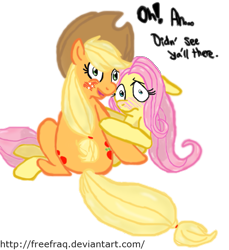 Size: 855x935 | Tagged: safe, artist:enigmaticfrustration, artist:freefraq, applejack, fluttershy, earth pony, pegasus, pony, appleshy, blushing, caught, colored, embarrassed, female, lesbian, shipping