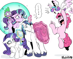 Size: 1473x1192 | Tagged: safe, artist:nekubi, pinkie pie, princess flurry heart, rarity, shining armor, spike, starlight glimmer, alicorn, dragon, earth pony, pony, unicorn, the crystalling, ..., barrier, colored hooves, cute, diapinkes, earth pony magic, eyeshadow, female, filly, floppy ears, flying, force field, glowing horn, levitation, magic, makeup, male, mare, mirror, nervous, scared, self-levitation, shield, simple background, smiling, speech bubble, stallion, sweat, telekinesis, this will not end well, unshorn fetlocks, white background, wide eyes