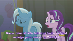 Size: 1366x768 | Tagged: safe, derpibooru import, screencap, starlight glimmer, trixie, pony, unicorn, no second prances, discovery family logo, female, mare, spanish, subtitles, translated in the comments