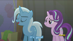 Size: 1366x768 | Tagged: safe, derpibooru import, screencap, starlight glimmer, trixie, pony, unicorn, no second prances, discovery family logo, female, mare, spanish, subtitles, translated in the comments