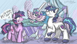 Size: 1500x862 | Tagged: safe, artist:flutterthrash, princess flurry heart, shining armor, twilight sparkle, twilight sparkle (alicorn), alicorn, pony, unicorn, the crystalling, cracked armor, female, insanity, mare, runs in the family, this will end in pain, this will end in tears and/or death, twilight snapple