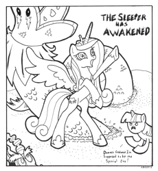 Size: 1105x1200 | Tagged: safe, artist:abronyaccount, princess cadance, twilight sparkle, alicorn, pony, tatzlwurm, dune, lineart, monochrome, parody, reference, shai-hulud