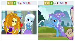 Size: 1039x579 | Tagged: safe, derpibooru import, edit, edited screencap, screencap, adagio dazzle, photo finish, pixel pizazz, princess cadance, trixie, pony, unicorn, better together, equestria girls, forgotten friendship, rainbow rocks, road to friendship, cropped, derpibooru, female, heart, juxtaposition, lesbian, mare, meta, shipping, shipping domino, triagio