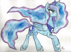 Size: 3457x2511 | Tagged: safe, artist:buttercupsaiyan, princess luna, alicorn, pony, simple background, solo, traditional art, watercolor painting