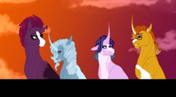 Size: 1280x707 | Tagged: safe, artist:berriesncreme, derpibooru import, starlight glimmer, sunburst, tempest shadow, trixie, pony, unicorn, broken horn, curved horn, horn, unshorn fetlocks