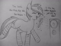 Size: 2560x1920 | Tagged: safe, artist:subimaru_kai, oc, oc only, oc:snowy, pony, blank flank, brush, clothes, colt, foal, hairbrush, male, mindless self indulgence, monochrome, music, singing, socks, solo, speakers, stockings, striped socks, thigh highs, traditional art