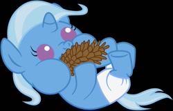 Size: 1113x718 | Tagged: safe, artist:beckiergb, derpibooru import, trixie, pony, unicorn, baby, baby pony, baby trixie, cute, daaaaaaaaaaaw, diaper, diatrixes, female, foal, hnnng, nom, on back, pinecone, simple background, solo, trixie eating pinecones, younger