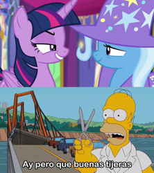 Size: 612x690 | Tagged: safe, derpibooru import, trixie, twilight sparkle, twilight sparkle (alicorn), alicorn, no second prances, female, homer simpson, implied tribadism, lesbian, meme, scissors, shipping, spanish, the simpsons, translation request, twixie