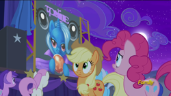 Size: 1366x768 | Tagged: safe, derpibooru import, screencap, amethyst star, applejack, pinkie pie, sparkler, trixie, twinkleshine, earth pony, pony, unicorn, no second prances, discovery family logo, female, mare