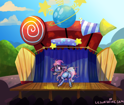 Size: 1888x1604 | Tagged: safe, artist:lilsunshinesam, derpibooru import, trixie, pony, unicorn, butt, cape, clothes, curtains, dock, embarrassed, featureless crotch, female, hat, looking back, magic, mare, plot, raised hoof, solo focus, stage, trixie's cape, trixie's hat, wince