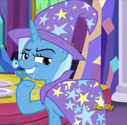 Size: 727x719 | Tagged: safe, derpibooru import, screencap, trixie, pony, unicorn, no second prances, castle, discovery family logo, female, grin, mare, solo, twinkle