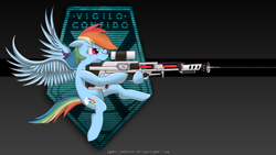 Size: 1920x1080 | Tagged: safe, artist:mrfloppemz, rainbow dash, pegasus, pony, crossover, female, floppy ears, flying, gun, hooves, mare, one eye closed, optical sight, rifle, sniper rifle, solo, spread wings, wallpaper, weapon, wings, x-com, xcom: enemy unknown