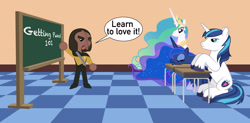 Size: 2500x1234 | Tagged: safe, artist:mlp-silver-quill, princess celestia, princess luna, shining armor, alicorn, pony, unicorn, chalkboard, classroom, crossover, desk, dialogue, female, frown, klingon, male, mare, sitting, speech bubble, stallion, star trek, star trek: the next generation, the worf effect, unamused, worf