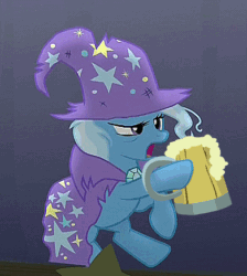 Size: 391x437 | Tagged: safe, derpibooru import, edit, edited screencap, screencap, trixie, pony, no second prances, alcohol, animated, balancing, bipedal, cape, cider, clothes, drunk, frown, hat, hoof hold, messy mane, open mouth, raised hoof, raised leg, solo, tankard, the great and alcoholics trixie, the paint and growerful triskie, tipsy, torn clothes, trixie's cape, trixie's hat