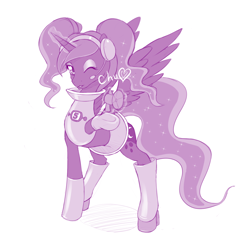 Size: 1006x1000 | Tagged: safe, artist:dstears, princess luna, alicorn, pony, boots, clothes, crossover, cute, female, high heel boots, mare, miniskirt, one eye closed, pigtails, shoes, skirt, solo, space channel 5, ulala, wink