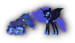 Size: 3668x2118 | Tagged: safe, artist:spophia, nightmare moon, princess luna, alicorn, pony, filly, floppy ears, lunar trinity, open mouth, simple background, spread wings, transparent background, woona