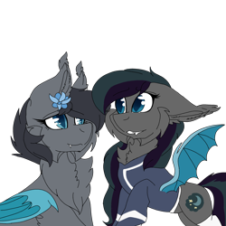 Size: 2560x2560 | Tagged: safe, artist:brokensilence, oc, oc only, oc:moonlitti dusk, oc:seachell, bat pony, pony, blue eyes, blue wings, clothes, cute, cute little fangs, duo, fangs, female, flower, flower in hair, fluffy, simple background, slit eyes, socks, thigh highs, transparent background