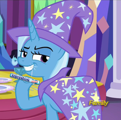 Size: 1136x1123 | Tagged: safe, derpibooru import, edit, screencap, trixie, pony, unicorn, no second prances, discovery family logo, female, mare, mentos, mints, solo