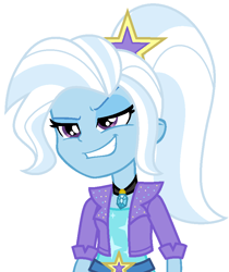 Size: 746x888 | Tagged: safe, artist:sarahalen, derpibooru import, trixie, equestria girls, rainbow rocks, alternate hairstyle, alternate universe, belt, choker, clothes, female, gem, grin, jacket, leather jacket, shirt, simple background, siren gem, smiling, smirk, solo, t-shirt, white background