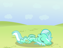 Size: 2734x2105 | Tagged: safe, artist:sintakhra, lyra heartstrings, pony, unicorn, female, filly, filly lyra, grass, on back, smiling, solo, younger