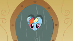 Size: 1600x900 | Tagged: safe, screencap, rainbow dash, pegasus, pony, blue coat, door, female, mare, multicolored mane