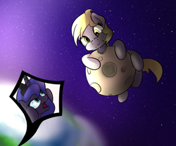 Size: 1200x1000 | Tagged: safe, artist:klemm, derpy hooves, princess luna, alicorn, pegasus, pony, edible heavenly object, female, mare, moon, newbie artist training grounds, nom, space, tangible heavenly object, unamused