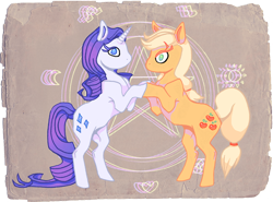 Size: 800x591 | Tagged: safe, artist:weezl, applejack, rarity, earth pony, pony, unicorn, female, horn, mare, pentagram