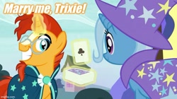 Size: 739x415 | Tagged: safe, derpibooru import, edit, edited screencap, screencap, sunburst, trixie, uncommon bond, caption, card, female, grin, image macro, male, marriage proposal, shipping, smiling, straight, text, trixburst