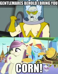 Size: 476x604 | Tagged: safe, edit, edited screencap, screencap, fleur de verre, rainbow dash, sapphire joy, silver spanner, crystal pony, pegasus, pony, the crystal empire, aqua teen hunger force, corn, crystal empire, doctor weird, image macro