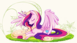 Size: 1200x677 | Tagged: safe, artist:lyra-kotto, princess cadance, alicorn, pony, eyes closed, solo, spread wings