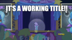 Size: 480x270 | Tagged: safe, derpibooru import, screencap, trixie, pony, unicorn, no second prances, animated, caption, discovery family logo, female, image macro, it's a working title, mare, meme, trixie yells at everything