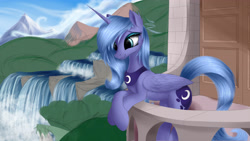 Size: 3840x2160 | Tagged: safe, artist:aurelleah, princess luna, alicorn, pony, cloud, cute, door, epic, forest, happy, looking away, mountain, river, s1 luna, smiling, solo, water, waterfall, wip