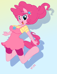 Size: 618x800 | Tagged: safe, artist:miu, pinkie pie, anthro, unguligrade anthro, big breasts, bouncing, breasts, clothes, female, jumping, pinkie pies, shadow, simple background, solo