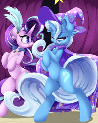 Size: 3500x4375 | Tagged: safe, artist:madacon, derpibooru import, starlight glimmer, trixie, pony, no second prances, absurd resolution, bipedal, feather, human shoulders, trixie's cape, trixie's hat