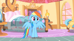 Size: 640x355 | Tagged: safe, screencap, rainbow dash, pegasus, pony, party of one, blue coat, female, mare, multicolored mane, solo, youtube caption