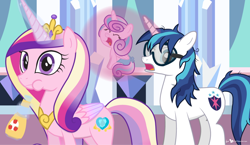 Size: 1000x580 | Tagged: safe, artist:dm29, princess cadance, princess flurry heart, shining armor, alicorn, pony, unicorn, the crystalling, crying, goggles, levitation, magic, parenting, telekinesis, trio