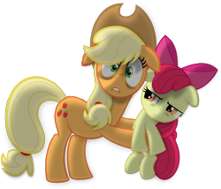 Size: 5752x4924 | Tagged: safe, artist:psyxofthoros, apple bloom, applejack, earth pony, pony, absurd resolution, evil enchantress, fourth wall, holding a pony, looking at you