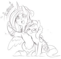 Size: 903x872 | Tagged: safe, artist:ende26, princess cadance, sunset shimmer, alicorn, pony, unicorn, glasses, monochrome, open mouth, sketch, wavy mouth