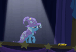 Size: 705x482 | Tagged: safe, derpibooru import, edit, edited screencap, screencap, trixie, pony, unicorn, no second prances, alcohol, animated, balancing, caption, clothes, discovery family logo, drunk, faint, female, get, image macro, impact font, mare, meme, no you, solo, stage, the great and alcoholics trixie, the paint and growerful triskie, torn clothes, trixie yells at everything, trixie's cape, trixie's hat