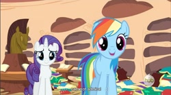 Size: 855x480 | Tagged: safe, screencap, rainbow dash, rarity, pegasus, pony, unicorn, dragon quest, hub logo, youtube caption