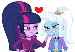 Size: 1424x1004 | Tagged: safe, alternate version, artist:sarahalen, artist:themexicanpunisher, derpibooru import, edit, trixie, twilight sparkle, equestria girls, alternate hairstyle, alternate universe, bedroom eyes, belt, blushing, choker, clothes, female, gem, jacket, leather jacket, lesbian, looking at each other, pants, shipping, shirt, simple background, siren gem, spiked choker, spiked wristband, t-shirt, twixie, white background, wristband