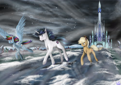 Size: 3104x2184 | Tagged: safe, artist:vinicius040598, applejack, rainbow dash, shining armor, earth pony, pegasus, pony, unicorn, the crystalling, crystal castle, crystal empire, female, male, mare, snow, snowfall, stallion, trio