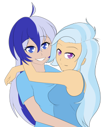 Size: 2876x3412 | Tagged: safe, artist:icey-wicey-1517, artist:kai-alive, color edit, derpibooru import, edit, minuette, trixie, human, collaboration, alternate hairstyle, clothes, colored, female, grin, hug, humanized, lesbian, minixie, shipping, shirt, simple background, smiling, t-shirt, tanktop, transparent background