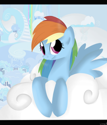 Size: 1700x2000 | Tagged: safe, artist:marisalle, rainbow dash, pegasus, pony, blue coat, cloudsdale, female, mare, multicolored mane