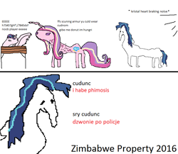 Size: 828x720 | Tagged: safe, princess cadance, princess flurry heart, shining armor, alicorn, pony, unicorn, the crystalling, calibri, comic, dolan, phimosis, stylistic suck, zimbabwe