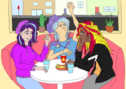 Size: 4961x3508 | Tagged: safe, artist:icey-wicey-1517, artist:shyinka, color edit, derpibooru import, edit, starlight glimmer, sunset shimmer, trixie, human, collaboration, equestria girls, beanie, cactus, cape, chatting, clothes, colored, dark skin, diner, ear piercing, earring, eating, eyebrow piercing, fast food, food, french fries, friendship, gesture, group photo, group picture, group shot, hat, hoodie, humanized, jacket, jeans, jewelry, leather jacket, lip piercing, lunch, pants, piercing, plant, shirt, silly, silly face, sitting, snake bites, soda, t-shirt, trixie's cape, trixie's hat, wall of tags, wizard hat