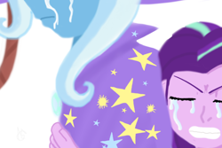 Size: 1024x682 | Tagged: safe, artist:konfettimayhem, derpibooru import, starlight glimmer, trixie, human, no second prances, crying, feels, hug, humanized, implied lesbian, implied shipping, sad, simple background, white background